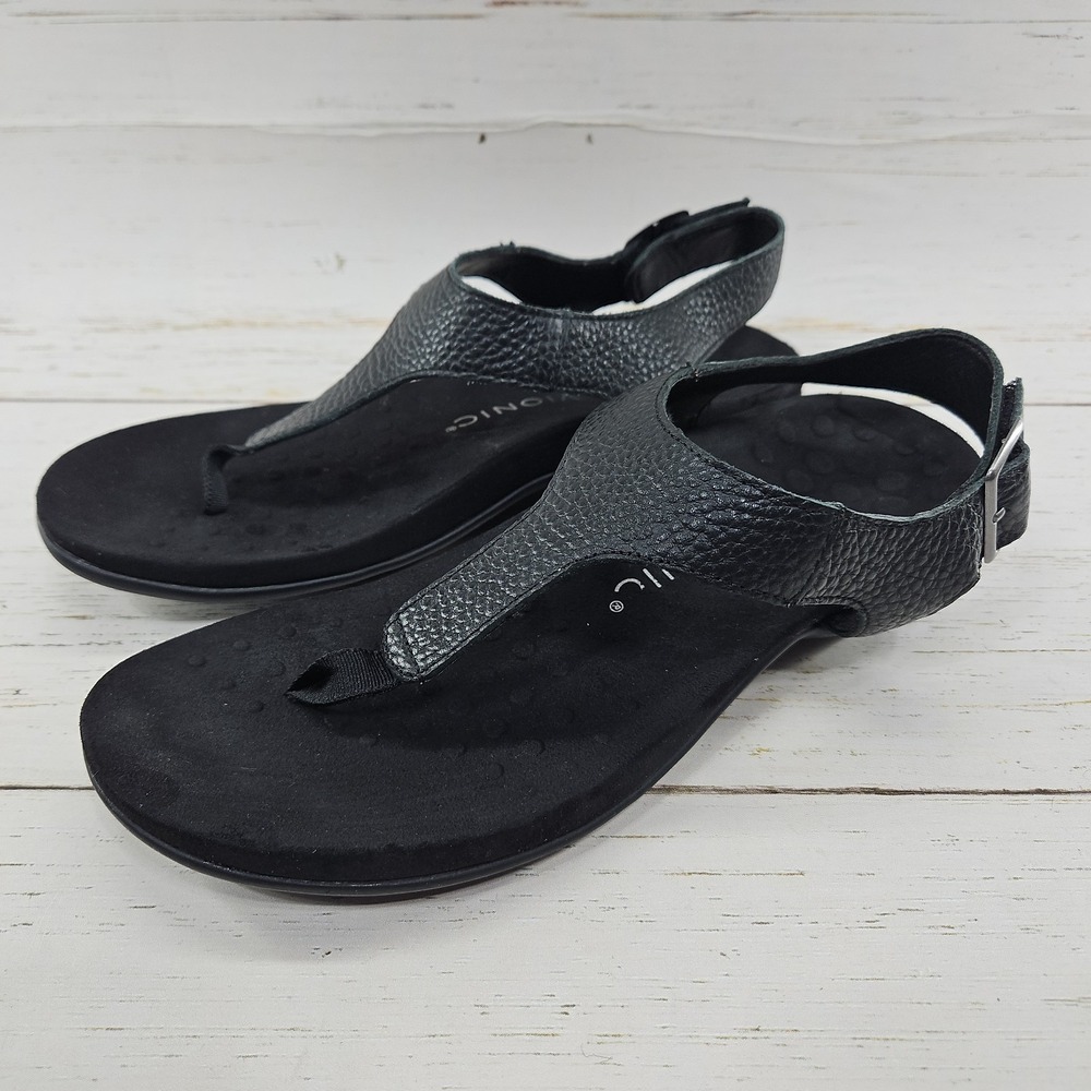 Vionic Terra Black Pebbled Leather Thong Sandals Womens Size 9.5 Boho Comfort